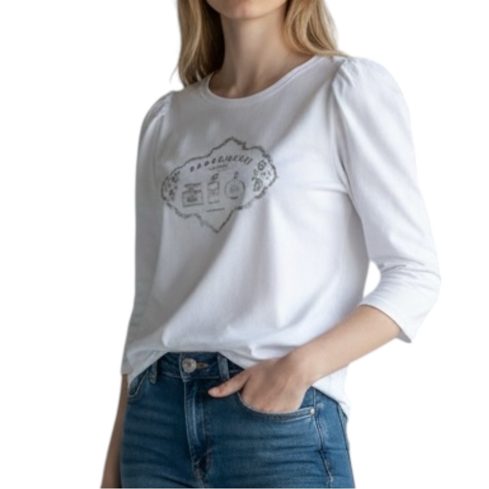 TALBOTS 3/4 Sleeve T-Shirt Purfumerie Silver Graphic in White Size Small — NICE